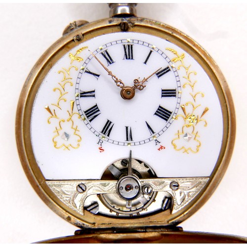 104 - An 800 silver and enamel pocket watch, keyless wind, the enamelled back depicting a young lady in a ... 