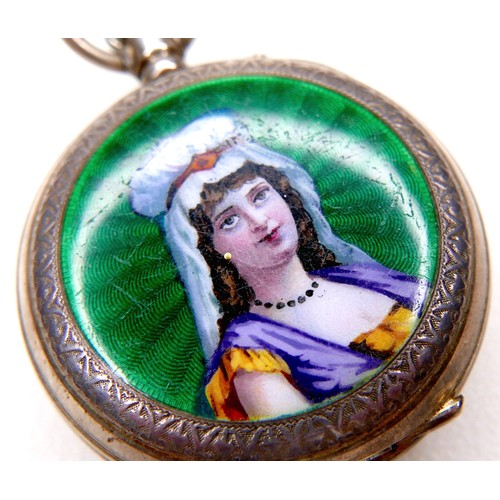 104 - An 800 silver and enamel pocket watch, keyless wind, the enamelled back depicting a young lady in a ... 