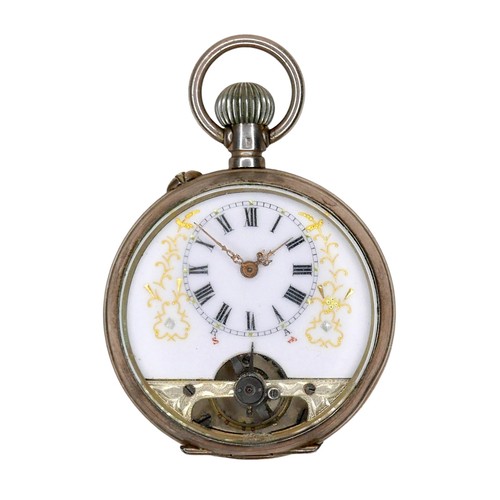 104 - An 800 silver and enamel pocket watch, keyless wind, the enamelled back depicting a young lady in a ... 