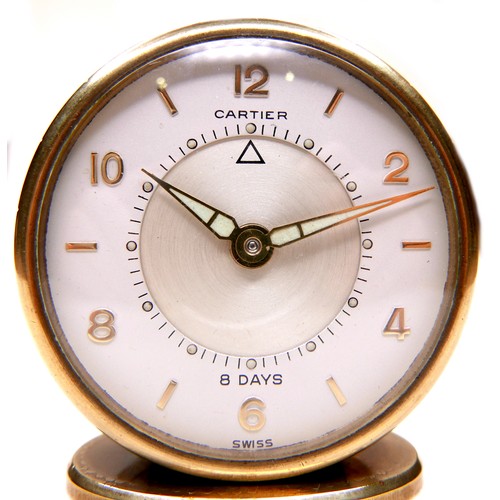 109 - A Cartier Memovox style travel alarm clock, with Arabic and golden baton dial, inner alarm dial, 8 d... 