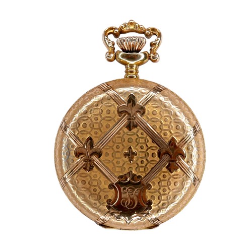 107 - A 14K yellow gold Waltham lady's hunter pocket watch, keyess wind, the white dial with blue Breguet ... 