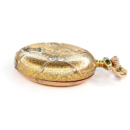 107 - A 14K yellow gold Waltham lady's hunter pocket watch, keyess wind, the white dial with blue Breguet ... 