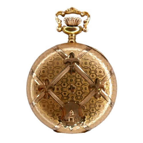 107 - A 14K yellow gold Waltham lady's hunter pocket watch, keyess wind, the white dial with blue Breguet ... 