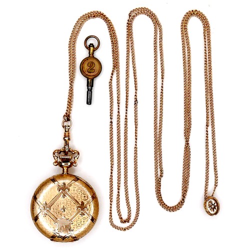 107 - A 14K yellow gold Waltham lady's hunter pocket watch, keyess wind, the white dial with blue Breguet ... 