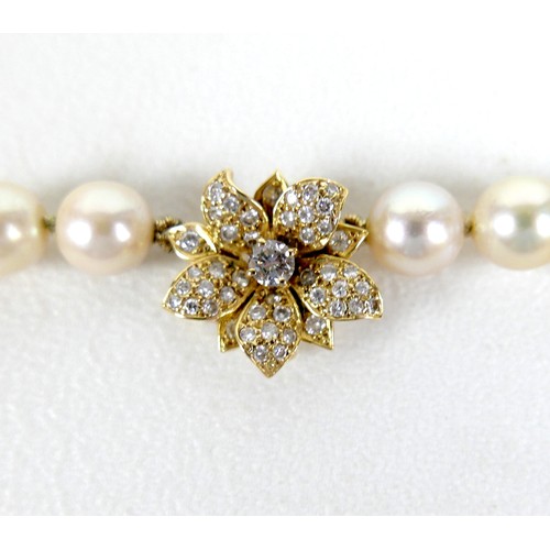 312 - A vintage Cartier pearl necklace with 18ct yellow gold and diamond set clasp, with single row of fif... 