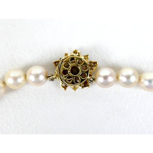 312 - A vintage Cartier pearl necklace with 18ct yellow gold and diamond set clasp, with single row of fif... 