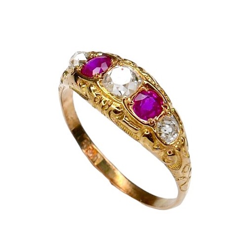 288A - An Edwardian 18ct yellow gold, diamond and ruby five-stone ring, the central oval faceted cut diamon... 