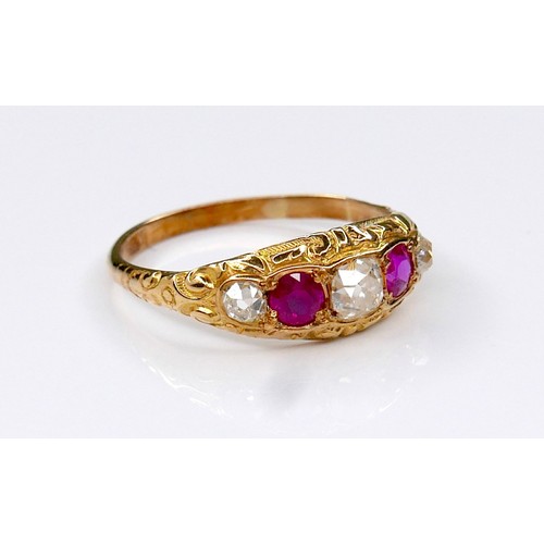 288A - An Edwardian 18ct yellow gold, diamond and ruby five-stone ring, the central oval faceted cut diamon... 