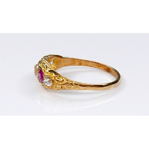 288A - An Edwardian 18ct yellow gold, diamond and ruby five-stone ring, the central oval faceted cut diamon... 