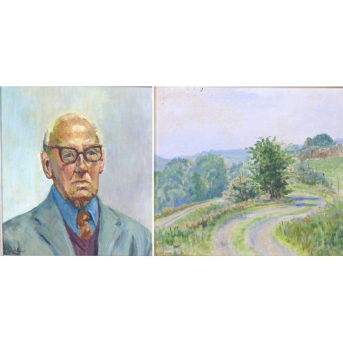 414 - Eileen Elliott Fieldings (British 20th century): a portrait of Wilfrid Wood, oil on board, 40 by 36c... 