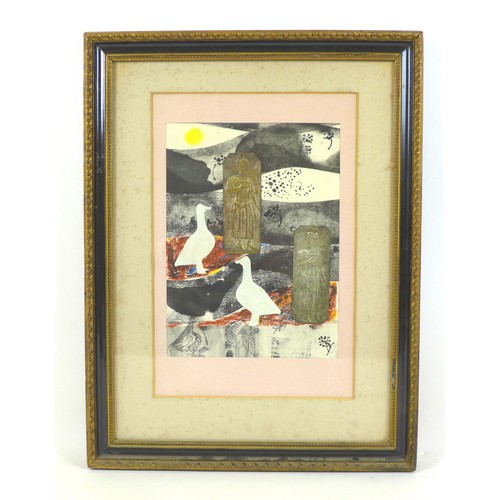 415 - British School (20th century): 'Two Geese', abstract mixed media print on paper, with collage to inc... 