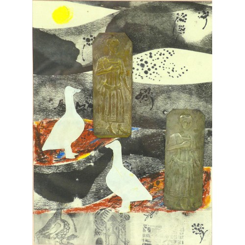 415 - British School (20th century): 'Two Geese', abstract mixed media print on paper, with collage to inc... 