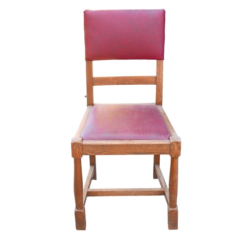 523 - A set of six oak dining chairs, mid 20th century, with burgundy leatherette seats and backs, turned ... 