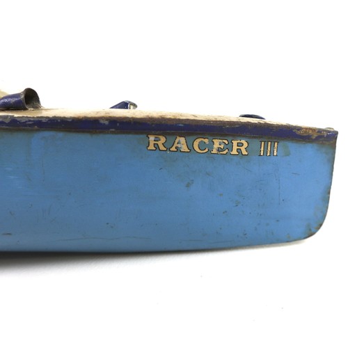 270 - A Hornby Meccano tinplate clockwork speedboat RACER lll, apparently the gearing on the RACER lll was... 