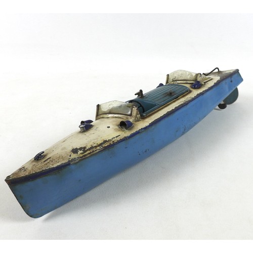 270 - A Hornby Meccano tinplate clockwork speedboat RACER lll, apparently the gearing on the RACER lll was... 