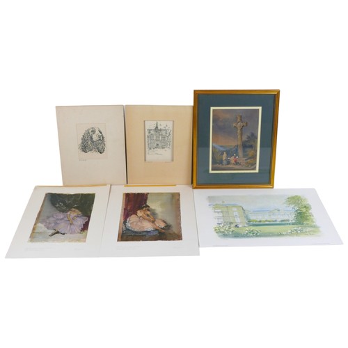 374 - A group of etchings and prints, including two prints by Sir William Russell Flint, RA, two mounted e... 