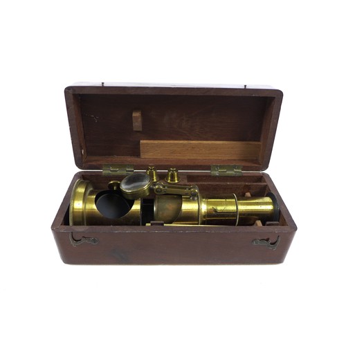 235 - An early 20th century brass students field microscope  in a mahogany box, box size 17cm by 7cm by 5c... 