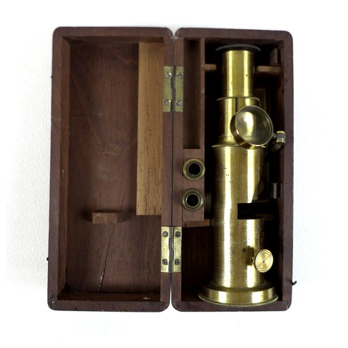 235 - An early 20th century brass students field microscope  in a mahogany box, box size 17cm by 7cm by 5c... 