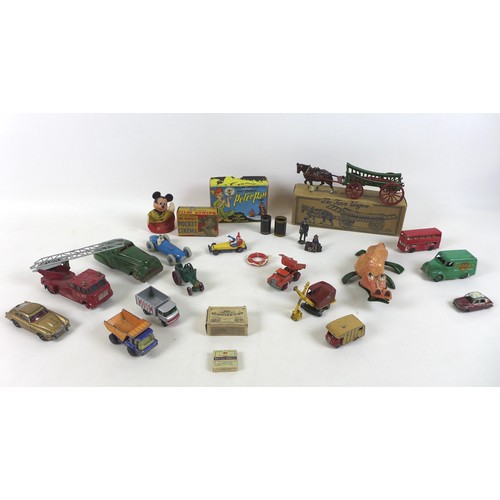 264 - An interesting collection of vintage toys and die-cast vehicles including a damaged Tri-ang minic Ja... 