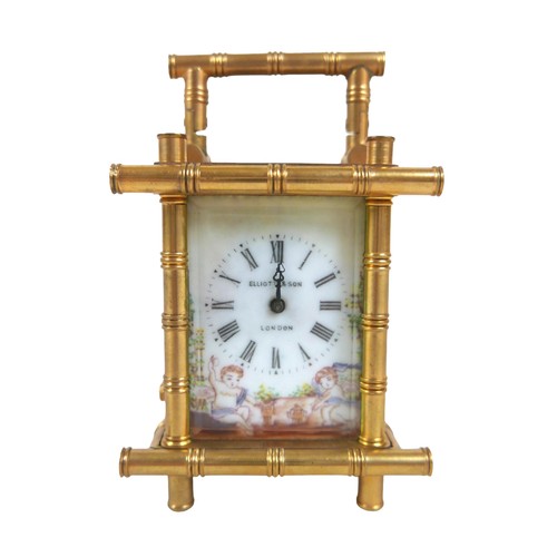 221 - A miniature brass faux bamboo carriage clock with decorative panels 7cm by 5.5cm by 11cm tall with k... 