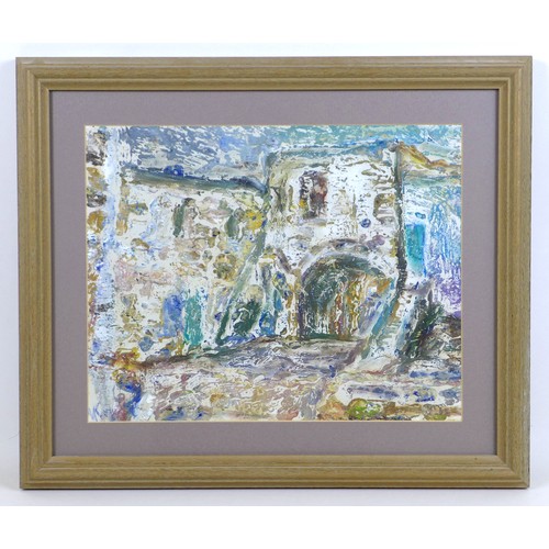 433 - Ilya Sorkin (Russian, b. 1934): buildings and courtyard, oil on board, 31 by 39cm, framed, 53 by 45c... 