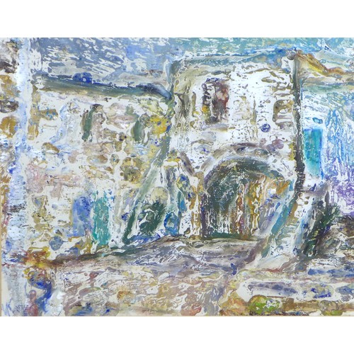 433 - Ilya Sorkin (Russian, b. 1934): buildings and courtyard, oil on board, 31 by 39cm, framed, 53 by 45c... 