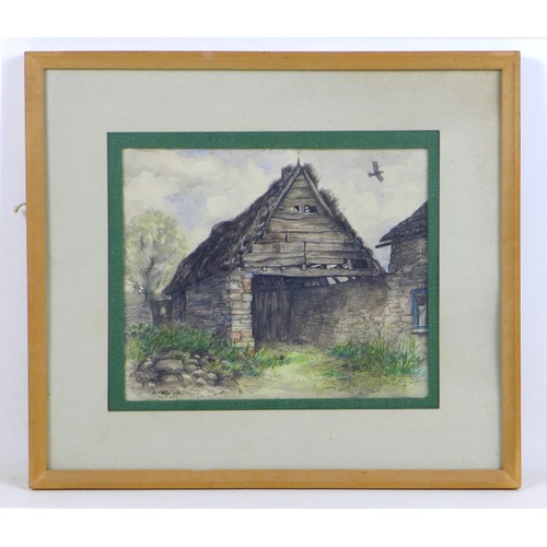 417 - V. Kelly (British, 20th century): Thatched stable, watercolour, signed, 24.5 by 29.5cm, mounted, gla... 