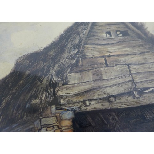 417 - V. Kelly (British, 20th century): Thatched stable, watercolour, signed, 24.5 by 29.5cm, mounted, gla... 