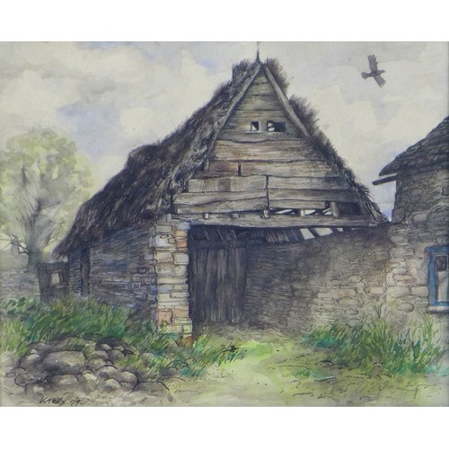 417 - V. Kelly (British, 20th century): Thatched stable, watercolour, signed, 24.5 by 29.5cm, mounted, gla... 