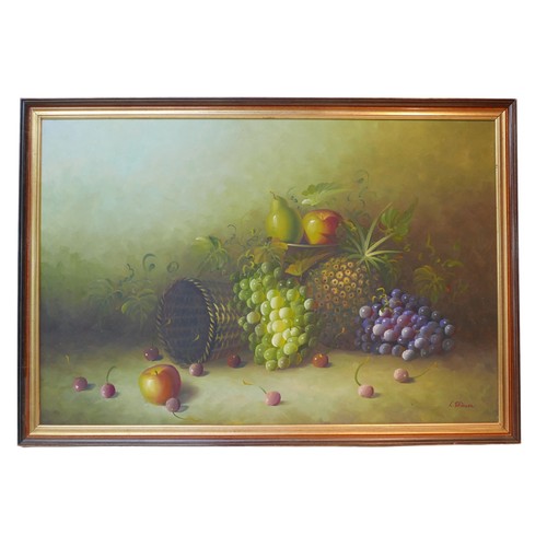 435 - L. Skinner (20th century): still life with fruit and basket oil on canvas, signed, 60 by 90cm, frame... 