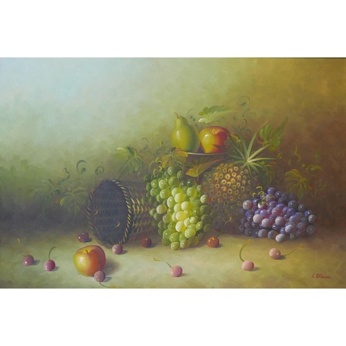 435 - L. Skinner (20th century): still life with fruit and basket oil on canvas, signed, 60 by 90cm, frame... 