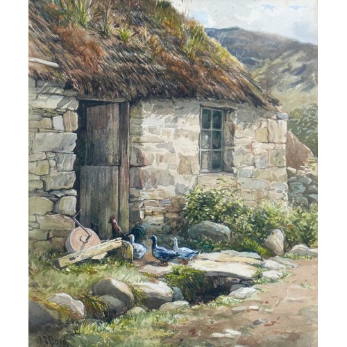 419 - A. S. Boyd (British, 20th century): a study of ducks walking into a stone barn, signed, watercolour,... 