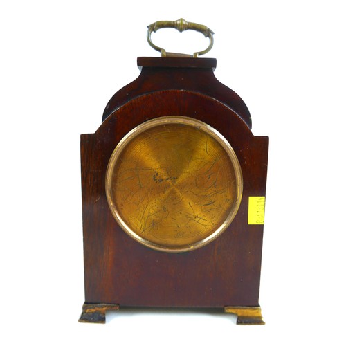 220 - An Edwardian inlaid mahogany mantel clock with a Buren movement, with key, 14 by 23cm.