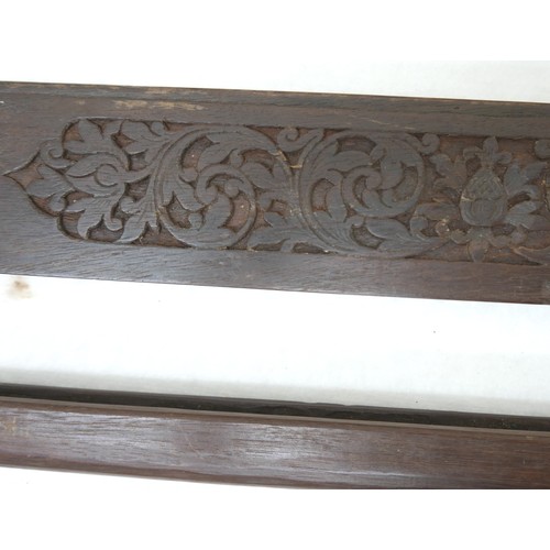 248 - Two 19th century Chinese hardwood silk or scroll hanger carved rail, larger 136 by 2.5 by 16cm. (2)