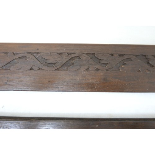 248 - Two 19th century Chinese hardwood silk or scroll hanger carved rail, larger 136 by 2.5 by 16cm. (2)