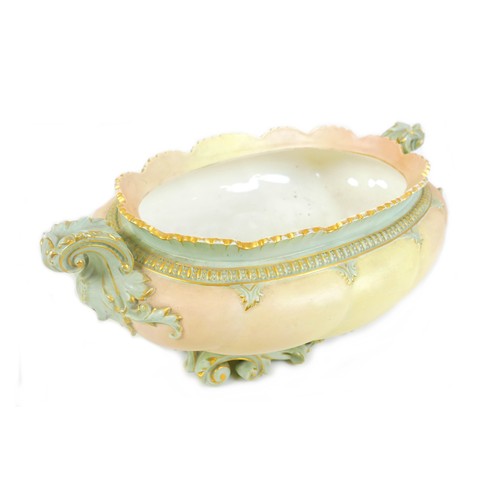 79 - A Victorian Royal Worcester china large oval blush planter or jardiniere, with twin acanthus side ha... 