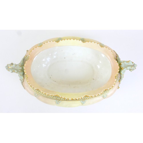 79 - A Victorian Royal Worcester china large oval blush planter or jardiniere, with twin acanthus side ha... 