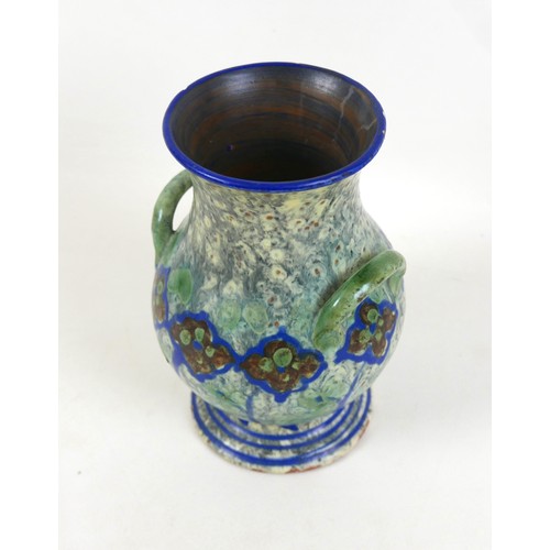 50 - A Swedish Arts and Crafts Upsala Ekeby vase, with twin handles, decorated in greens and blues, incis... 