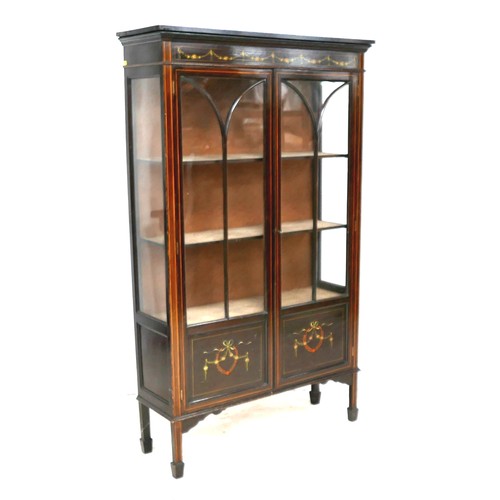 525 - An Edwardian mahogany display cabinet, the frieze and doors decorated with hand painted floral swags... 