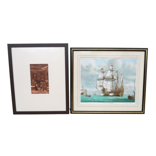 149 - A bronze metal framed plaque of Queen Elizabeth, framed 53 by 65cm, and a myers print of the Mary Ro... 