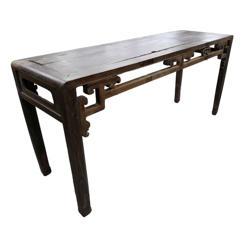 539 - A Chinese hardwood altar side table with an open carved frieze, 122 by 54 by 81cm.