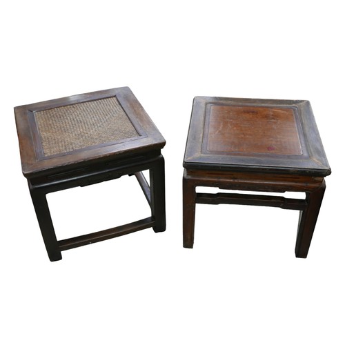 538 - Two Chinese hardwood side tables, one table has a rattan top, 50 by 50 by 44cm, 51 by 51 by 46cm. (2... 