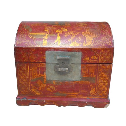 254 - A Chinese red lacquer container on stand 53 by 40 by 43, with dome top box and two basket containers... 