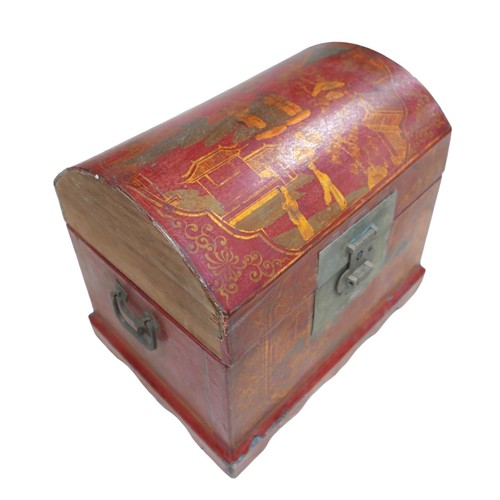 254 - A Chinese red lacquer container on stand 53 by 40 by 43, with dome top box and two basket containers... 