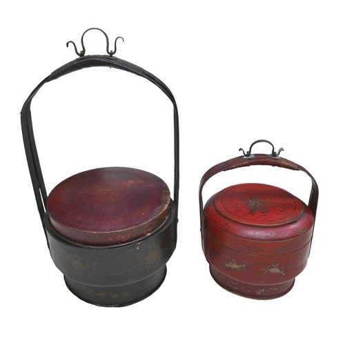 254 - A Chinese red lacquer container on stand 53 by 40 by 43, with dome top box and two basket containers... 