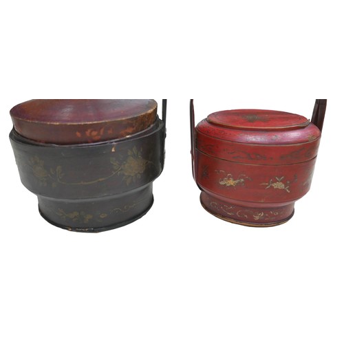 254 - A Chinese red lacquer container on stand 53 by 40 by 43, with dome top box and two basket containers... 