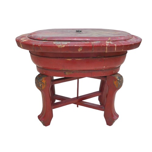 254 - A Chinese red lacquer container on stand 53 by 40 by 43, with dome top box and two basket containers... 