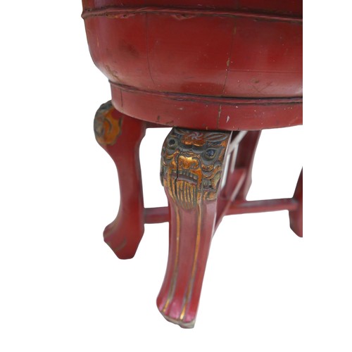 254 - A Chinese red lacquer container on stand 53 by 40 by 43, with dome top box and two basket containers... 