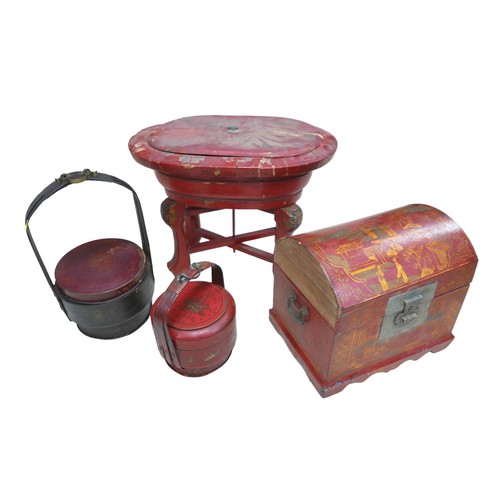 254 - A Chinese red lacquer container on stand 53 by 40 by 43, with dome top box and two basket containers... 