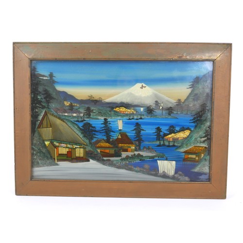 424 - Japanese reverse painting on glass in a gilt frame, 71 by 51cm.